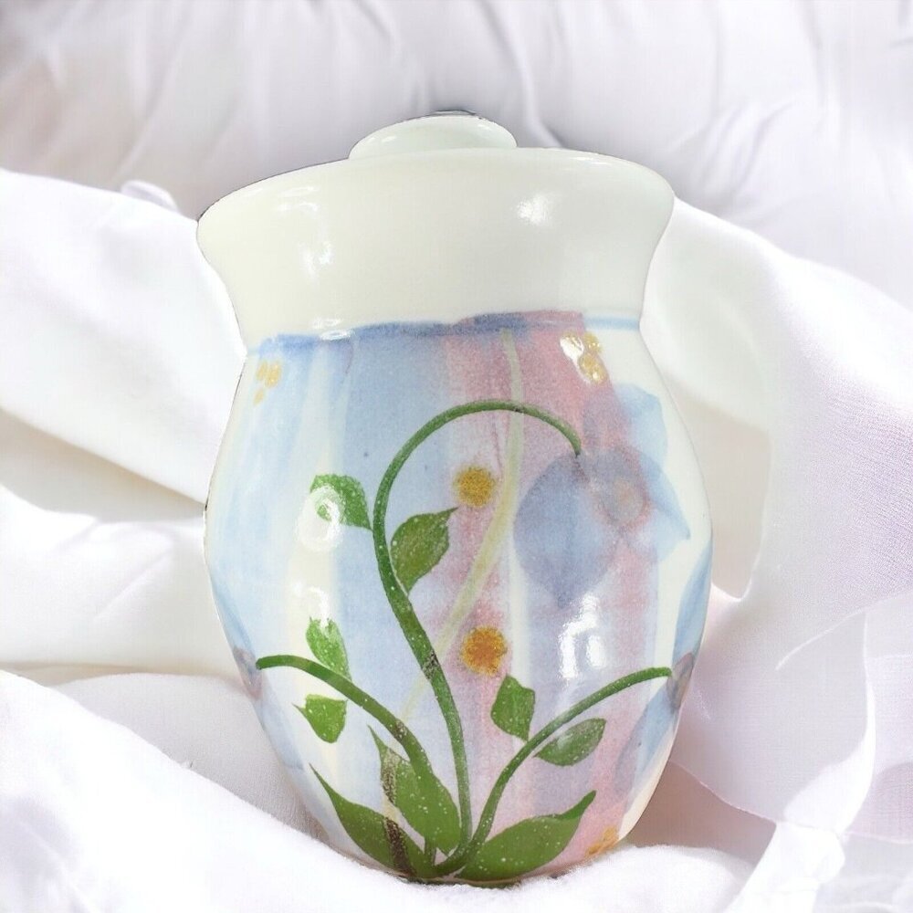 1998 Hand Made Pottery Jam Jar Stoneware Canister Artist Signed Painted Flowers